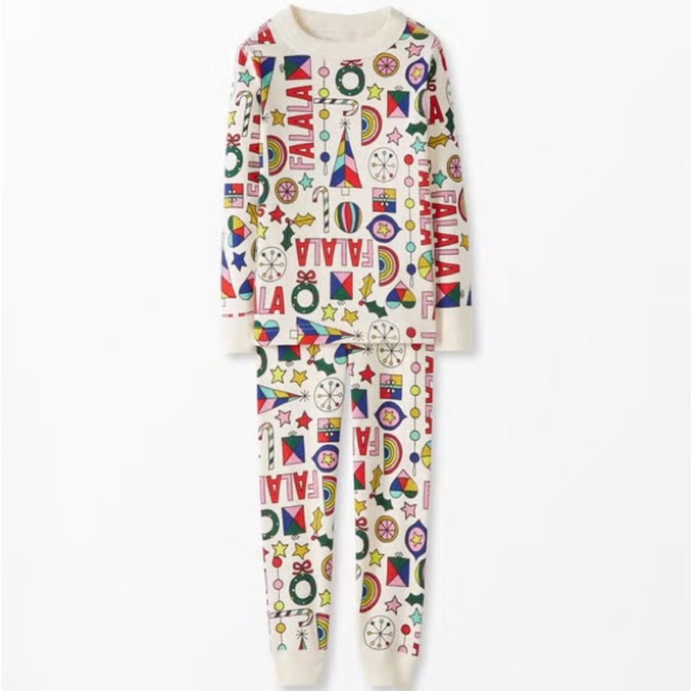 Hanna Andersson "Fa La La" rainbow print holiday pajama set. Size 14